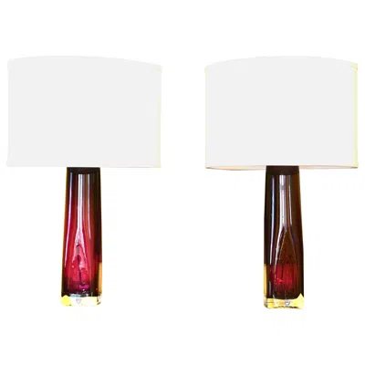 Pre-owned Orrefors Pair Of Red  Lamps Design By Carl Fagerlund , Sweden, 1970