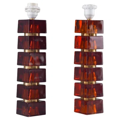 Pre-owned Orrefors Pair Of Swedish Mid-century Table Lamps In Glass And Brass In Brown