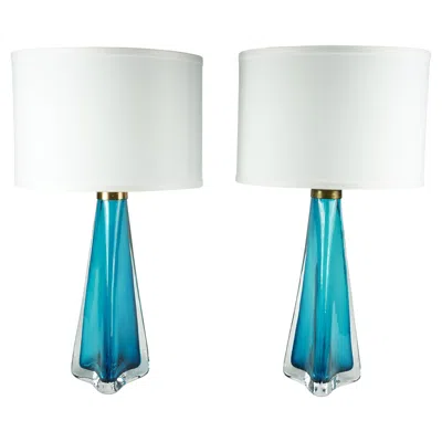 Pre-owned Orrefors Pair Of Turquoise Triangular  Lamps, Sweden 1960 In Transparent