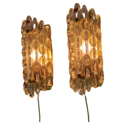 Pre-owned Orrefors Pair Of Vintage Scones, Carl Fagerlund, Glass & Brass,  Sweden 1970s In Brown