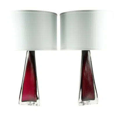 Pre-owned Orrefors Red Frosted Triangular  Lamps, Sweden 1950