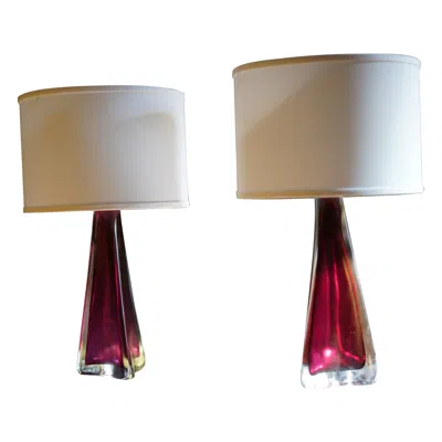 Pre-owned Orrefors Ruby Red Frosted Triangular  Lamps, Sweden 1950