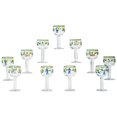 Pre-owned Orrefors Set Of 11 Signed  Hand Painted Enamel Goblets W/ Whimsical Decoration In Gray