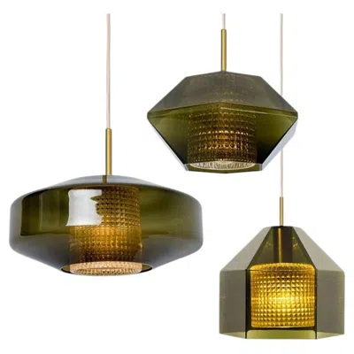 Pre-owned Orrefors Set Of 3 Green Glass Pendants By Carl Fagerlund For , 1960s