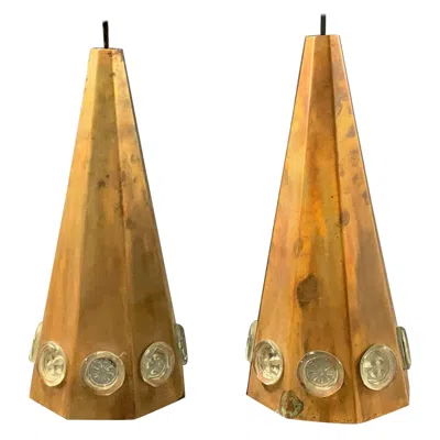 Pre-owned Orrefors Set Of Two Big Copper And Glass Ceiling Lamps By Ateljè Lyktan In Brown
