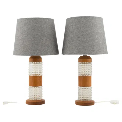 Pre-owned Orrefors Table Lamps Teak And Glass Set Of 2 , Sweden, 1960 In Brown