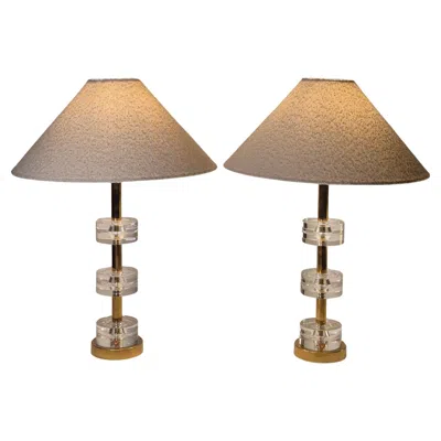 Pre-owned Orrefors Timeless Pair Of Scandinavian Modern Table Lamps With  Glass And Brass In Brown