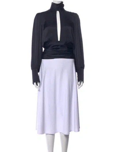 Pre-owned Orseund Iris Mock Neck Long Sleeve Blouse In Blue
