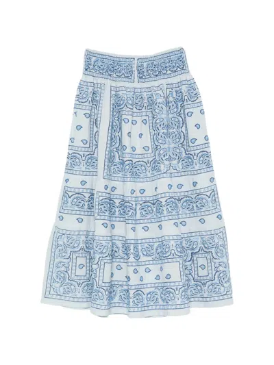 Orsina Bandana-embroidery Smocked-waist Midi Skirt In Blue