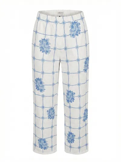 Orsina `blue Roses` Long Pants In White