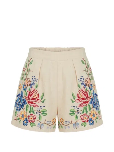 Orsina Floral-embroidered Pleated Shorts In Multi