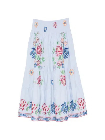 Orsina Floral-embroidered Tiered Maxi Skirt In Blue