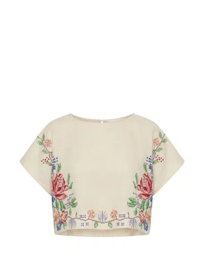 Orsina Flower-embroidered Linen Top In Neutral
