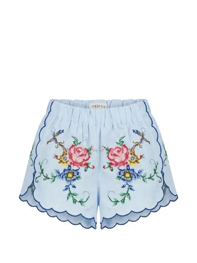 Orsina New Roses Floral-embroidered Scalloped Shorts In Blue
