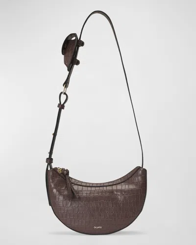 Oryany Rookie Crescent Croc Embossed Leather Crossbody Bag In Brown