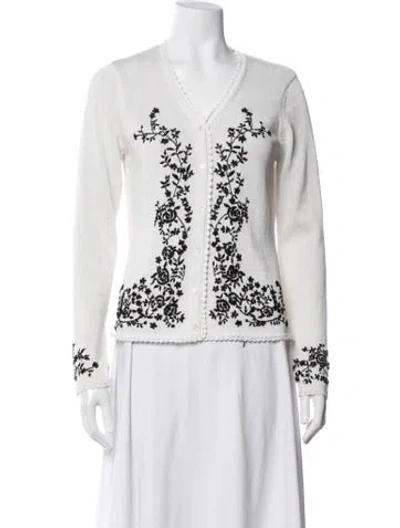 Pre-owned Oscar By Oscar De La Renta Floral Print V-neck Sweater In White