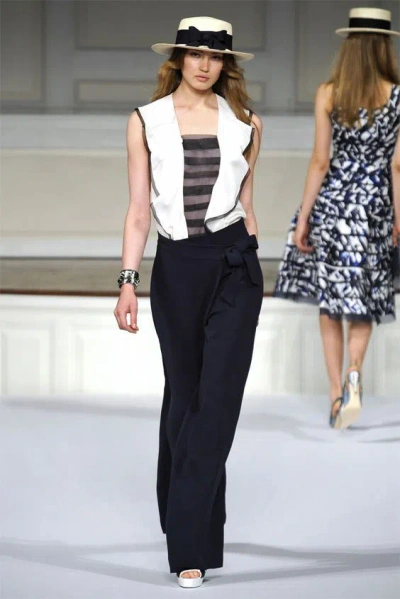 Pre-owned Oscar De La Renta $1390  Sponge Crepe Sarong Wide Leg Pants Navy Bow 6 8 In Blue