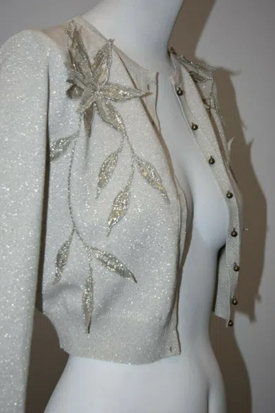 Pre-owned Oscar De La Renta $1725  Grey Knit Cardigan 3d Flowers Gold Silver Shimmer Xs In Gray