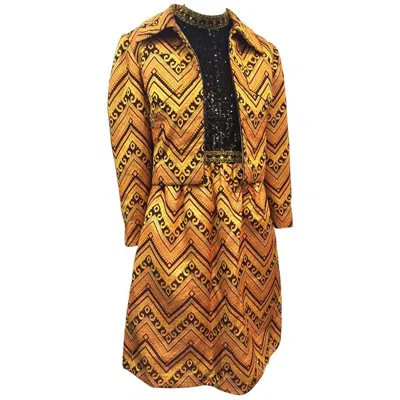 Pre-owned Oscar De La Renta 1960s  Gold & Black Brocade Cocktail Suit W/ Sequin Bodice