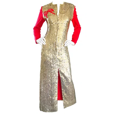 Pre-owned Oscar De La Renta 1960s  Gold And Red Ribbon Silk Sequin Vintage 60s Gown Dress