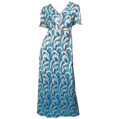 Pre-owned Oscar De La Renta 1960s  Turquoise Blue Silver Silk Brocade Sequin 60s Gown Dress