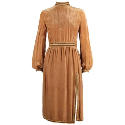 Pre-owned Oscar De La Renta 1960s  Velvet Golden Bronze Long Bishop Sleeve Dress Size 14 In Brown