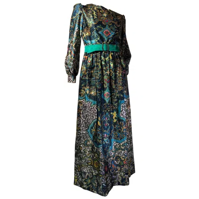 Pre-owned Oscar De La Renta 1970s  Bohemian Print Satin Maxi Dress In Black