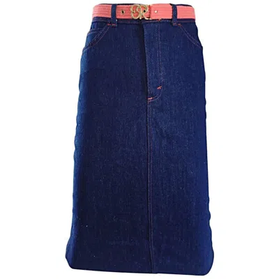 Pre-owned Oscar De La Renta 1970s  Deadstock Blue Jean Belted Vintage Denim Pencil Skirt