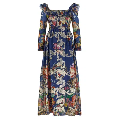 Pre-owned Oscar De La Renta 1970s  Navy Floral Organza And Gold Lurex Maxi Dress In Blue