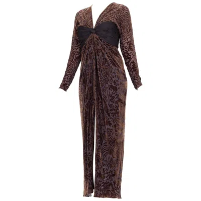 Pre-owned Oscar De La Renta 1970s  Silk Burnout Velvet & Draped Chiffon Gown With Sleeves In Black