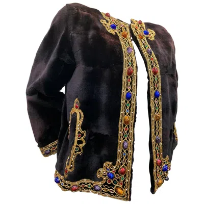 Pre-owned Oscar De La Renta 1980  Sheared Mink Bejeweled Fur Jacket W/ Gold Braid Trim In Black