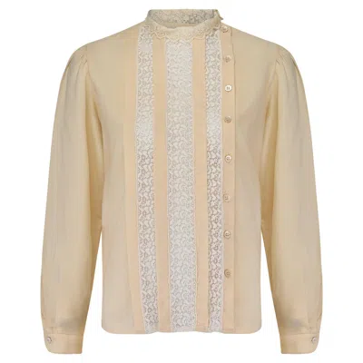 Pre-owned Oscar De La Renta 1980s  Cream Victoriana Shirt With Lace Trim In White