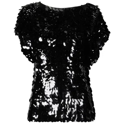Pre-owned Oscar De La Renta 1980s  Vintage Black Knit Sparklysequin Paillettes Top Or Shirt