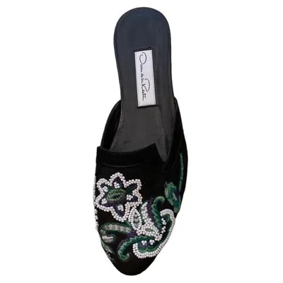 Pre-owned Oscar De La Renta 1990s  Black & White Beaded Floral Design Slip On Flat Shoes D