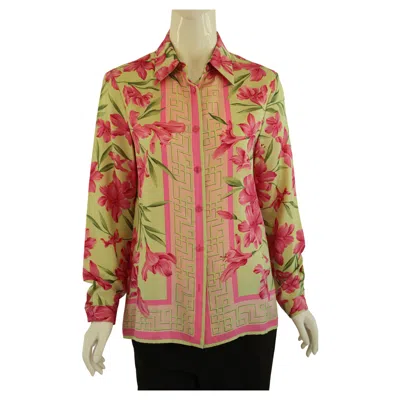 Pre-owned Oscar De La Renta 1990s Vintage Silk Floral Blouse In Pink Green Print