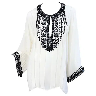 Pre-owned Oscar De La Renta 2000s Size Large Black White Beaded Sequin Vintage Tunic Top