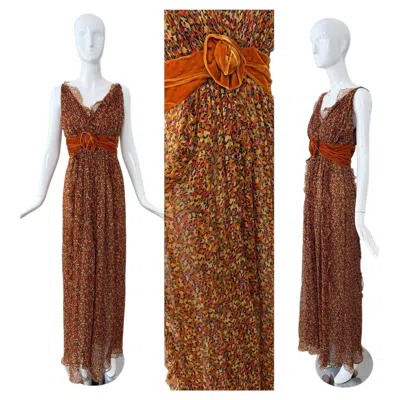 Pre-owned Oscar De La Renta 2006 Vintage Silk Chiffon Gown Maxi Dress In Brown