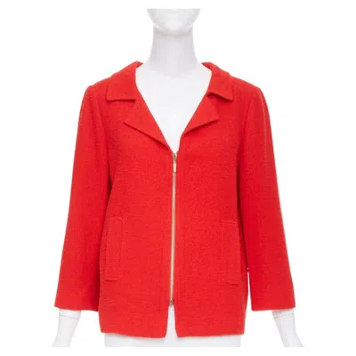 Pre-owned Oscar De La Renta 2008 Red Wool Tweed Gold Zip Open Collar Jacket Us14 3xl