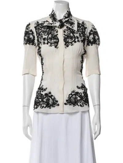 Pre-owned Oscar De La Renta 2010 Patterned Blouse In White