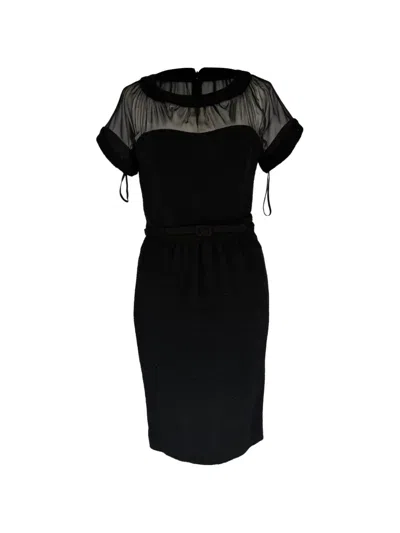 Pre-owned Oscar De La Renta 2010-2020s Belted Sheer-panel Midi Dress In Black