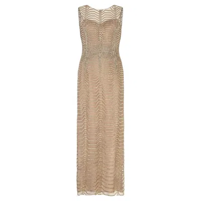 Pre-owned Oscar De La Renta 2011  Runway Sheer Mocha All-over Beaded Maxi-dress In Brown