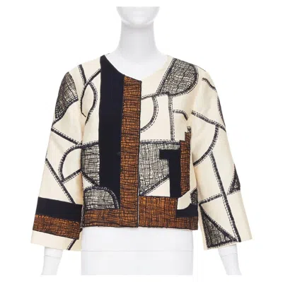 Pre-owned Oscar De La Renta 2012 Beige Black Abstract Mesh Overlay Cropped Jacket Us12 2xl