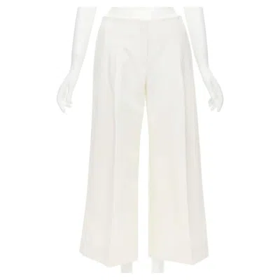 Pre-owned Oscar De La Renta 2015 Virgin Wool Crepe Cream Pleated Wide Pants Us2 Xs In White