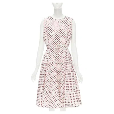 Pre-owned Oscar De La Renta 2016 White Polkadot Floral Burnt Out Devore Belted Dress Us2 S