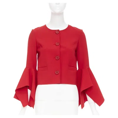 Pre-owned Oscar De La Renta 2018 Flared Ruffle Sleeve Cropped Red Wool Evening Jacket Us0