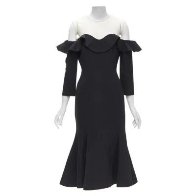 Pre-owned Oscar De La Renta 2018 Sheer Yoke Ruffle Off Shoulder Flute Skirt Dress Us6 S In Black