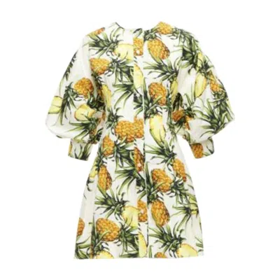 Pre-owned Oscar De La Renta 2021 Yellow White Pineapple Print Puff Sleeve Dress Us2 S