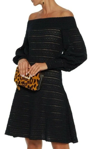 Pre-owned Oscar De La Renta $2790  Off The Shoulder Knit Dress Black Full Sleeve 0 2