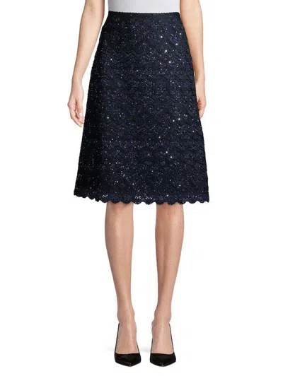 Pre-owned Oscar De La Renta $2990  A Silk Embroidered Sequins Black Navy Skirt Xs S