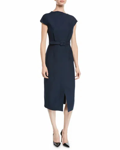 Pre-owned Oscar De La Renta $2990  Wrap Style Wool Silk Midi Dress Navy Cap Sleeve 2 4 In Blue